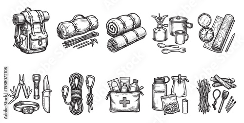 A collection of detailed hand-drawn illustrations of essential camping and hiking equipment, presented in a classic black and white sketch style on a white background.