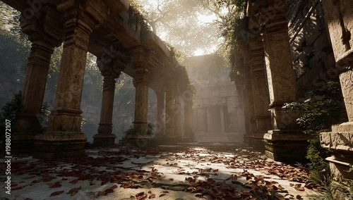 Weathered stone temple ruins, overgrown pillars and archways, jungle foliage, sunlight