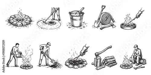 A collection of line drawings depicts various aspects of campfire safety and preparation, including building, tending, and extinguishing fires, along with related tools and actions.