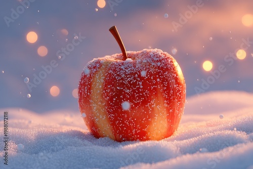 Frosted red-yellow apple in soft snow with warm glowing background lights