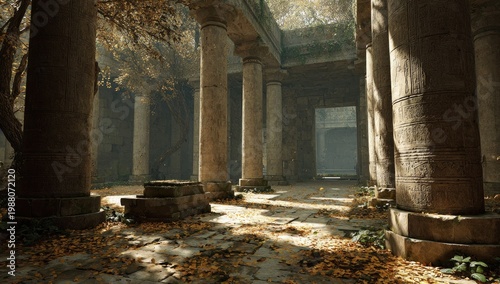 Sun-dappled ancient ruins with towering stone pillars and scattered golden leaves
