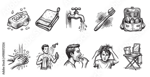 A collection of hand-drawn sketch icons illustrating various personal hygiene activities like washing hands, showering, brushing teeth, and shaving for men.