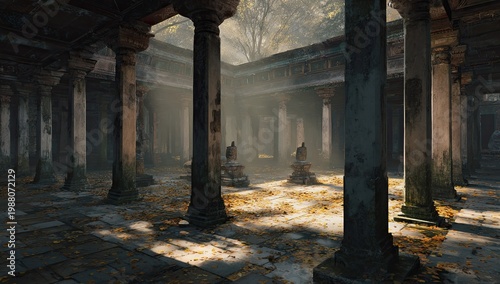 Ancient stone courtyard with many columns, fallen golden leaves, and sunlit haze