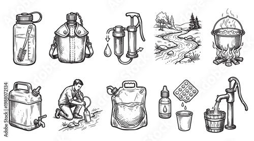 A collection of hand-drawn icons depicting various methods and equipment for obtaining and purifying water in an outdoor or survival setting.