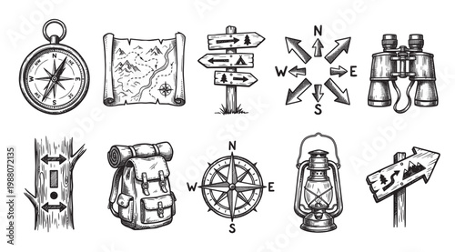 A collection of hand-drawn black and white icons representing outdoor adventure, including compasses, maps, a backpack, binoculars, lanterns, and directional signs.