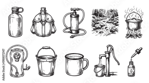 This black and white sketch collection features essential camping gear for water collection, hydration, and cooking, perfect for outdoor adventure themes.
