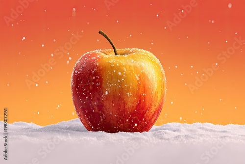 A frosty red-yellow apple sits on snow, with a warm orange-red gradient sky