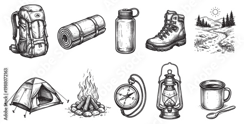 A hand-drawn sketch illustrates essential camping equipment including a backpack, tent, sleeping bag, water bottle, boots, compass, lantern, campfire, and a mug, perfect for adventure themes.
