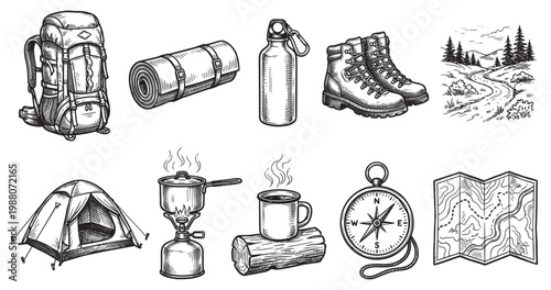 A vintage-style black and white illustration collection featuring essential camping gear such as a backpack, sleeping bag, boots, tent, and cooking equipment.