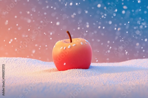 Vibrant red apple sits in fresh snow with falling flakes against a warm-to-cool sky