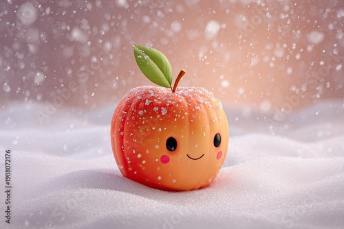 Whimsical smiling orange fruit with a green leaf nestled in snow with falling flakes