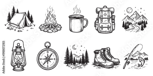 A collection of hand-drawn black and white icons featuring camping and hiking essentials in a vintage style, perfect for adventure themes.