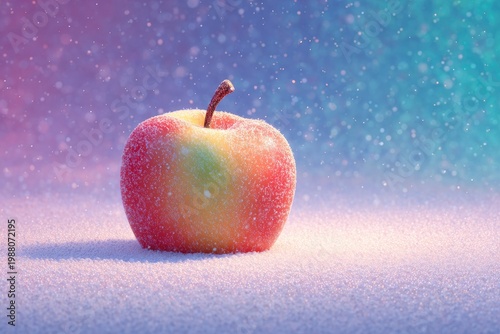 A single frosted apple rests on a snowy surface against a glowing purple and teal gradient