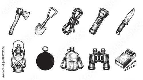 Hand-drawn sketch of essential camping equipment, including an axe, shovel, rope, flashlight, knife, lantern, compass, canteen, binoculars, and matches, on a white background.