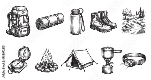 Collection of hand-drawn, vintage-style illustrations of essential camping equipment like a backpack, boots, and tent, perfect for outdoor adventure themes.