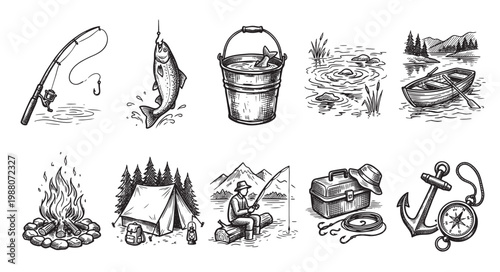 A collection of hand-drawn, black and white illustrations depict various fishing and camping scenes, evoking a nostalgic and adventurous mood for outdoor themes.