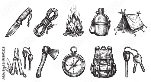 A hand-drawn sketch of essential camping gear including a knife, rope, campfire, canteen, tent, multi-tool, axe, compass, backpack, and keys.