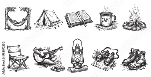 A hand-drawn sketch collage features classic camping elements like a tent, campfire, hammock, guitar, and hiking boots, perfect for rustic themes.