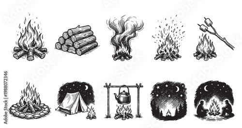 A charming collection of vintage hand-drawn illustrations depicting various camping bonfire scenes, including fires, logs, a tent, and people enjoying the outdoors.