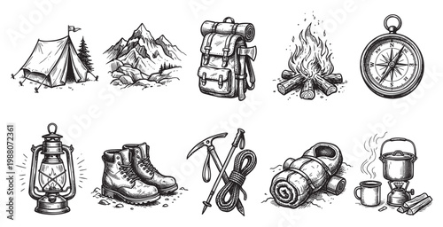 A collection of hand-drawn vintage camping equipment, including a tent, mountains, backpack, campfire, compass, lantern, boots, and cooking gear, perfect for adventure themes.