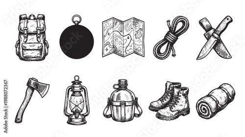 A vintage hand-drawn sketch featuring essential camping equipment like a backpack, compass, map, rope, axe, lantern, canteen, boots, and sleeping bag on a white background.