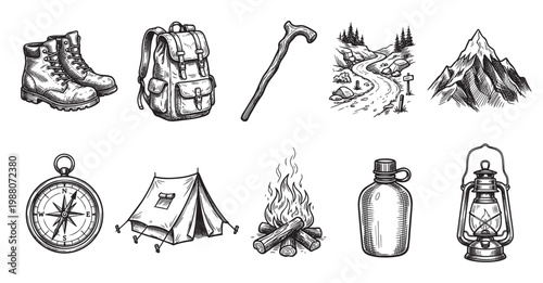 A collection of hand-drawn sketches featuring essential hiking and camping equipment, perfect for outdoor adventure themes and travel designs.