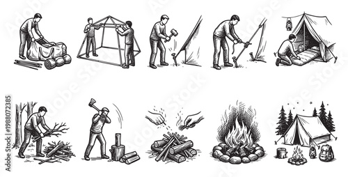 A vintage illustration set depicting various aspects of camping including setting up a tent, chopping wood, and building a campfire.