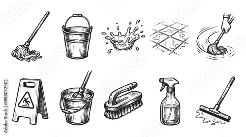 A hand-drawn collection of cleaning tools and supplies including mops, buckets, a spray bottle, brush, and wet floor sign on a white background.