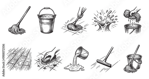 A collection of hand-drawn illustrations depicting various cleaning tools and actions, including mops, buckets, and scrubbing, set against a white background.