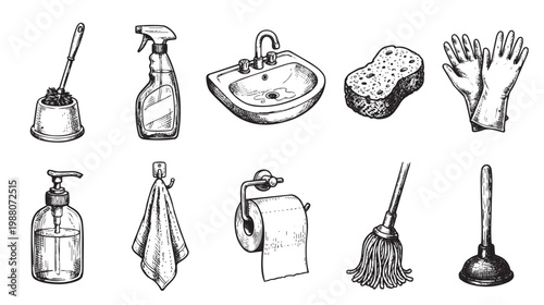 A charming hand-drawn collection of essential cleaning tools and supplies, presented in a clean, black and white sketch style, perfect for design projects related to home maintenance and hygiene.