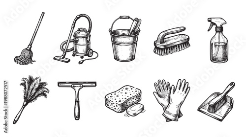A vintage black and white sketch features a collection of essential household cleaning tools and supplies, including a mop, vacuum, bucket, brushes, spray bottle, and dustpan, on a white background.