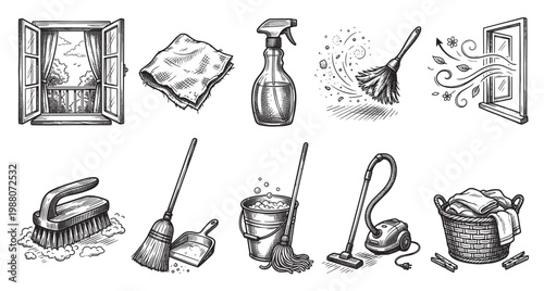 A collection of hand-drawn cleaning tools including a broom, mop, vacuum, and spray bottle are depicted with an open window suggesting fresh air and spring cleaning.