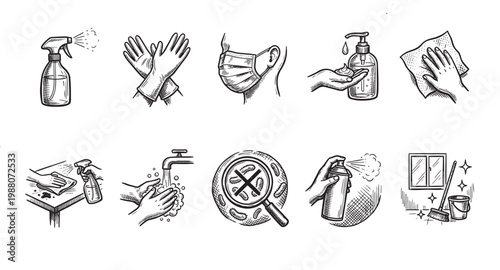 Collection of hand-drawn black and white sketch icons illustrating hygiene and cleaning practices, including handwashing, sanitizing, and mask-wearing, perfect for health and safety concepts.