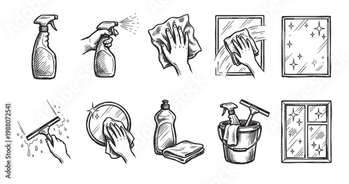 A collection of hand-drawn illustrations depicting various cleaning tools and surfaces, including spray bottles, cloths, squeegees, and sparkling windows.