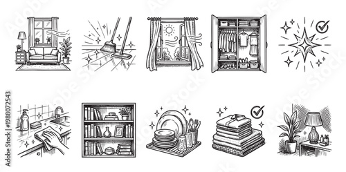 This is a collection of hand-drawn line art icons depicting various aspects of home cleaning and organization, perfect for illustrating lifestyle or domestic themes.