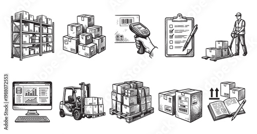 This hand-drawn sketch set features essential warehouse and logistics icons including shelving, boxes, scanners, checklists, forklifts, and a computer dashboard.