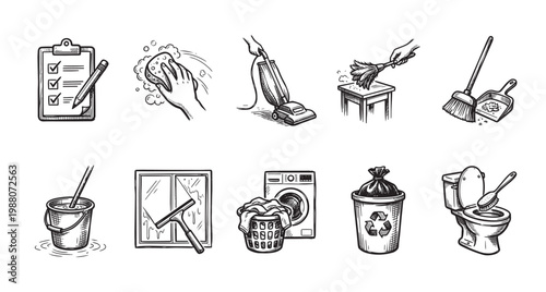 This hand-drawn sketch collection showcases various cleaning tools and tasks, ideal for representing household chores, hygiene, and home maintenance in a simple, illustrative style.