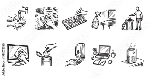 Collection of hand-drawn icons illustrating various hygiene and cleaning actions, including washing hands, sanitizing, and tidying a workspace, suitable for health and lifestyle content.