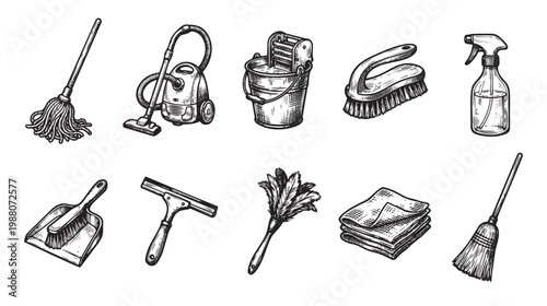 A collection of classic cleaning tools rendered in a hand-drawn sketch style on a white background, ideal for home organization and cleaning concepts.