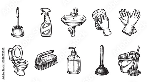 A vintage-style collection of hand-drawn cleaning supplies including a toilet brush, sink, gloves, and mop, perfect for illustrating household chores and hygiene.