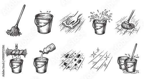 A collection of hand-drawn black and white icons illustrating the process of cleaning a wood floor with a mop, bucket, and rag.