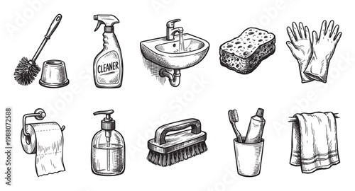 A hand-drawn sketch collection of essential household cleaning items, including a toilet brush, sink, sponge, gloves, and towels, perfect for illustrating hygiene and tidiness.