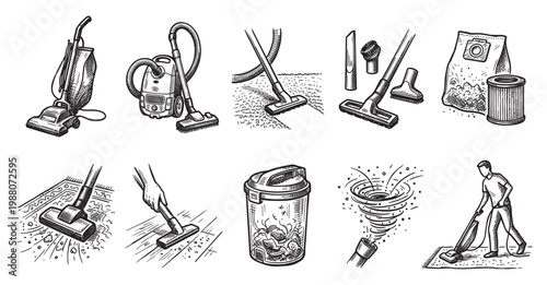 A hand-drawn set of icons illustrating various aspects of vacuum cleaning, including different vacuum models, attachments, and a person vacuuming.