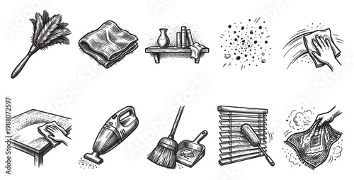 A hand-drawn sketch displays various cleaning items including a duster, microfiber cloth, vacuum, broom, and dustpan, perfect for illustrating tidiness and chores.