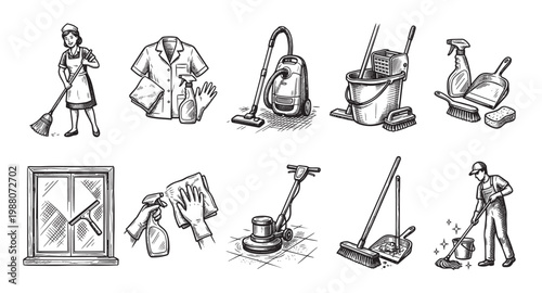 A collection of hand-drawn illustrations depicting various cleaning tools and supplies, including brooms, mops, vacuums, and sprays, representing professional housekeeping and janitorial services.