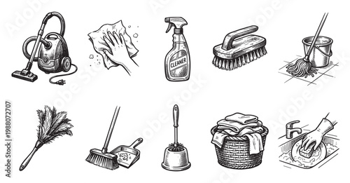 This black and white sketch collection features various tools for cleaning a home, including a vacuum, mop, broom, and sponge, presented in a simple illustrative style.