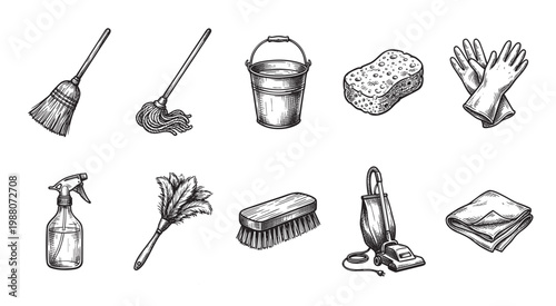 A set of vintage hand-drawn cleaning supplies including a broom, mop, bucket, sponge, gloves, spray bottle, duster, brush, vacuum, and cloth.