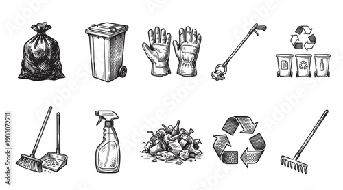A black and white sketch depicts various cleaning and recycling tools, including trash bags, bins, gloves, a grabber, broom, dustpan, spray bottle, and rake.