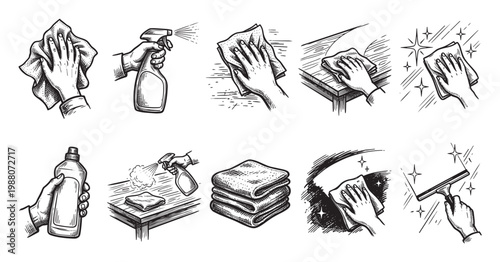This set of vintage-style illustrations depicts various hand cleaning actions, including spraying and wiping surfaces, using a squeegee, and showing clean, sparkling results.