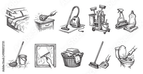 This hand-drawn illustration depicts various household cleaning activities and tools, including making a bed, dusting, vacuuming, laundry, and bathroom cleaning, in a clean, sketch art style.
